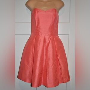LULA KATE Strapless Raw Silk Pleated Coral Pink Dress size 4 Pockets Excellent